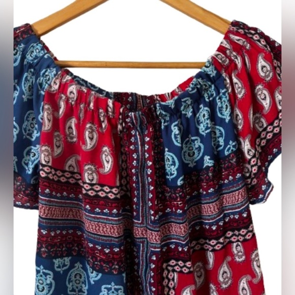Meraki red & blu ptchwrk off the shldr top SZ M boho peasant farmcore - Picture 7 of 9
